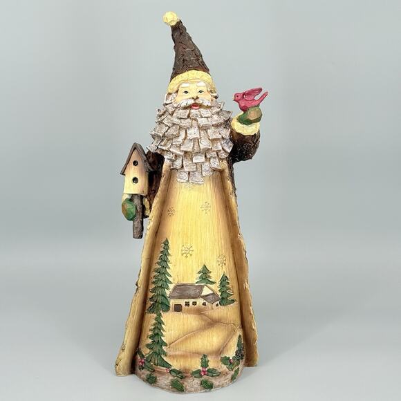 Unbranded Other - Resin Wood Carved Tree Look Painted 16" Santa Claus Figure W/Birdhouse Cardinal